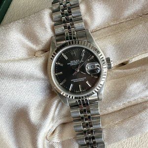 ROLEX DATEJUST GRAY INDEX DIAL 18K WHITE GOLD FLUTED STEEL JUBILEE WATCH 69174